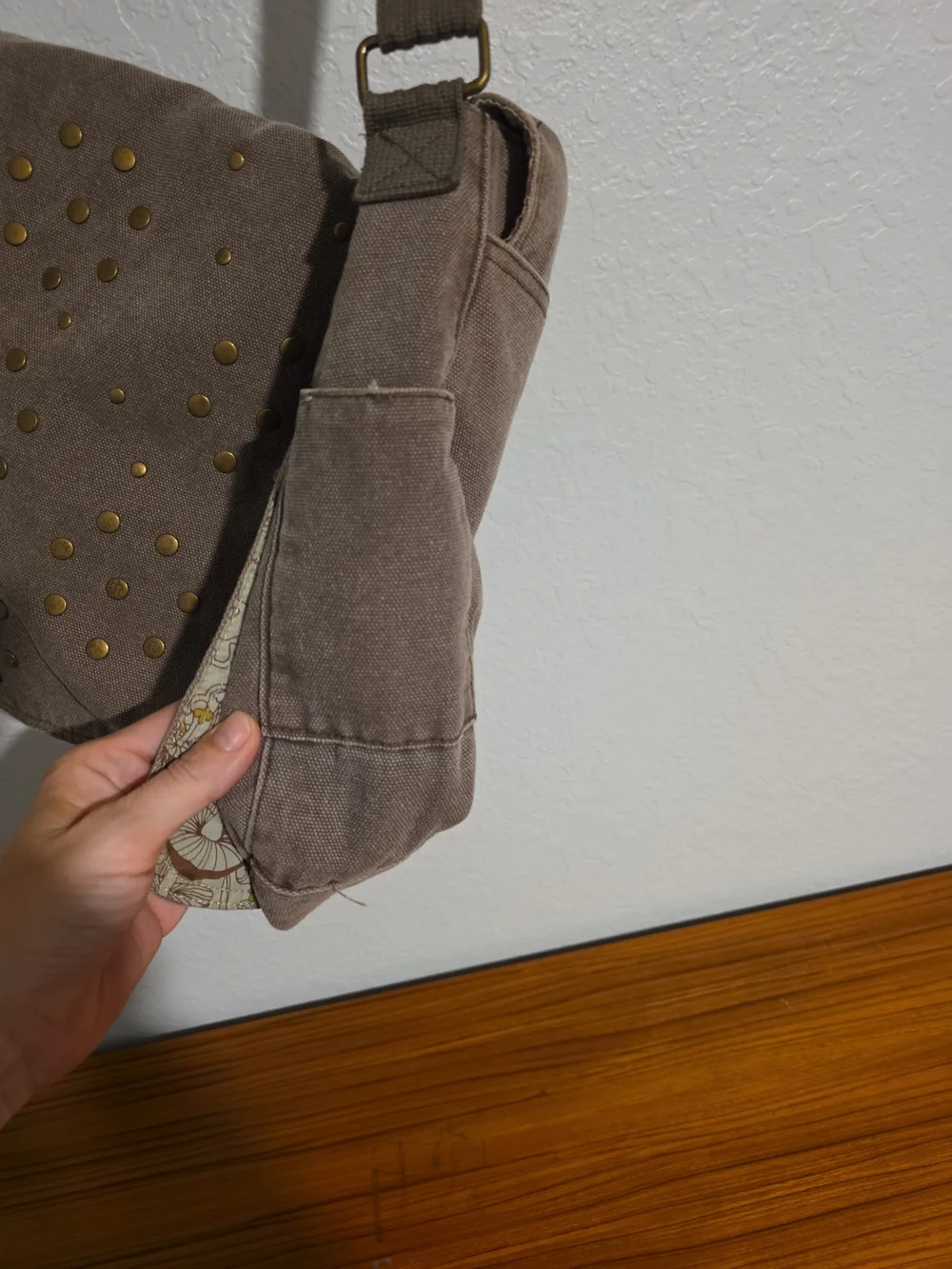 Old Navy Taupe Canvas Messenger Bag with Gold Studs Mushrooms